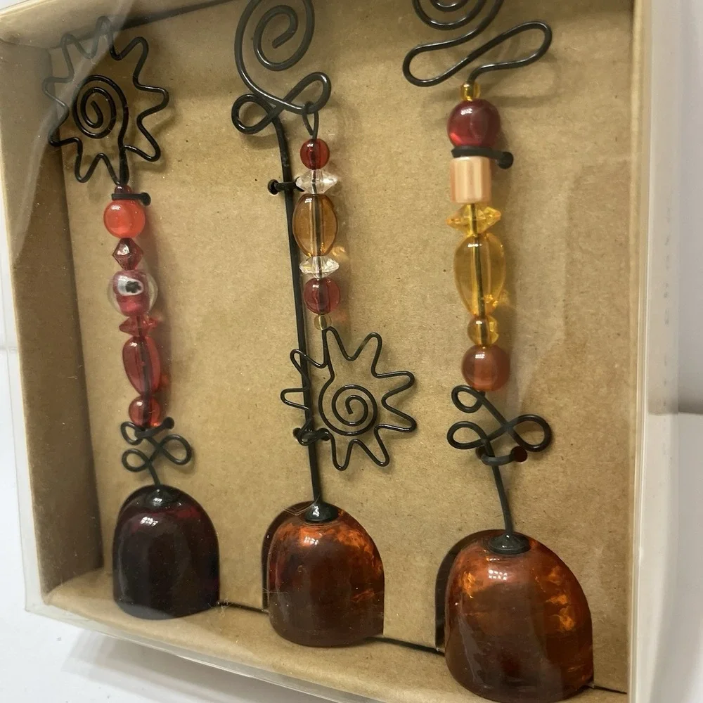 Vintage Pier 1 Imports Photo/Notes Holders Set Of 3 Red Orange Glass Beads Wire